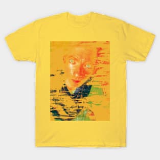 Portrait, digital collage and special processing. Man looking on us. Eyes. Smudged shapes. Yellow. T-Shirt